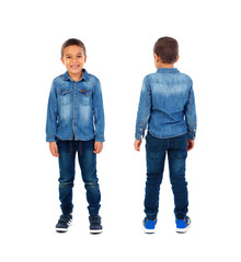 Front and back view of a children with denim clothes