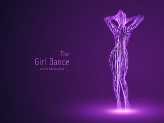 Vector dancing girl constructed with violet lines and glowing particles. Elegant slow dancing pose. Concept of woman beauty in petite dance motion. Intricated femine silhouette in a club.