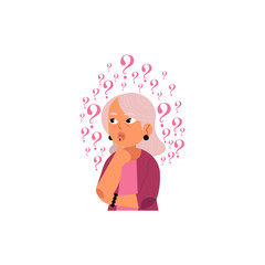 Vector flat old caucasian elderly grey-haired woman in casual pink clothing standing in thoughtful pose holding chin thinking with questions above head portrait. Isolated background illustration