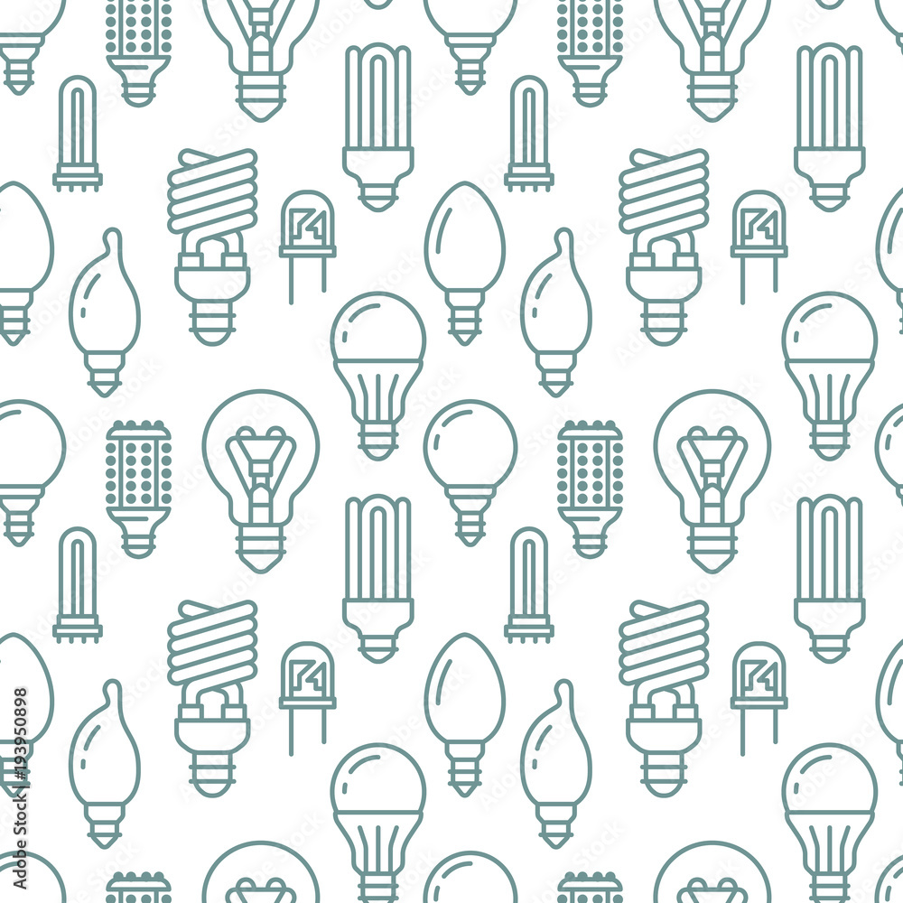 Light bulbs seamless pattern with flat line icons. Led lamps types ...
