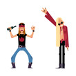 © sabelskaya - Vector flat rock music, culture people, alternative punk heavy metal style clothing, haircut young man drinking beer, old man with long hair showing rock sign. Isolated illustration, white background