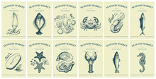 Labels With Seafood And Fishes. Set Templates Price Tags For Shops And Markets Of Organic Food. Vector Illustration Art. Vintage. Hand Drawn Nature Objects.