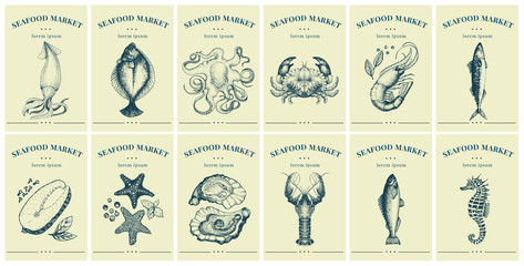 Labels with seafood and fishes. Set templates price tags for shops and markets of organic food. Vector illustration art. Vintage. Hand drawn nature objects.