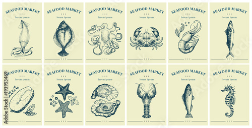 Fotomural Labels with seafood and fishes