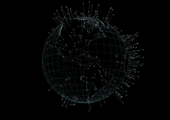 Hologram world globe Americas map 3D illustration with particles on black background.