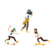 © sabelskaya - Vector cartoon hipster man skateboarding set. Bearded characters jumping olly in glasses cap, headphones. Male handsome portraits fashion style haircut mustache. Isolated background illustration