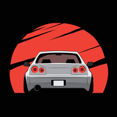 Wall Mural - Cartoon japan tuned car on red sun background. Back view. Vector illustration