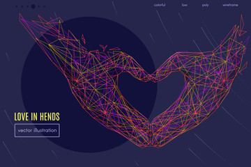 Poster - Abstract image of a Love shape hands in the form of a starry sky or space, consisting of points, lines, and shapes in the form of planets, stars and the universe. Vector Hand making sign Heart gesture