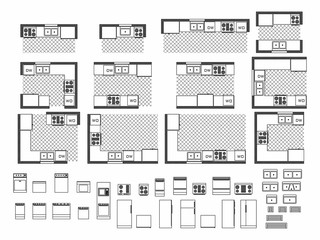 top view of set furniture elements outline symbol for kitchen. interior icon oven, sink and refriger