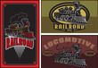 set of vector colored business cards templates with retro locomotives