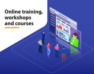 Wall Mural - online training, workshops and courses visualization flat 3d web isometric infographic concept vecto