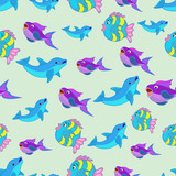 Fototapeta Pokój dzieciecy - Seamless pattern. Fish and dolphins