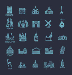 Wall Mural - Simple linear Vector icon set representing global tourist landmarks and travel destinations for vacations