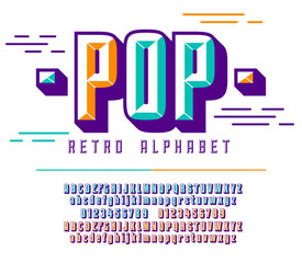 Stylish colorful stylized retro pop font and alphabet with numbers, upper and uppercase letters.