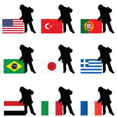 Wall Mural - child silhouette with world flag set illustration