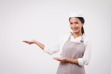 happy smiling confident asian woman pointing up, domestic worker pointing, domestic helper, woman housekeeper, girl shopkeeper, housewife pointing up, girl cleaner suggesting, woman maid, girl cleaner