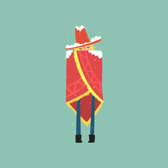 Poster - Yong man in red poncho and hat freezing and shivering on winter cold vector Illustration