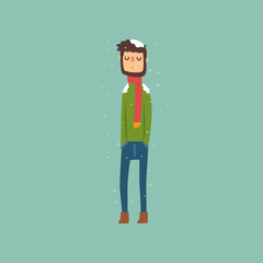 Sticker - Yong man freezing in winter cold wearing woolen sweater with scarf vector Illustration