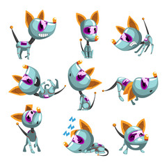 Sticker - Cute robotic dog set, funny robot animal in different actions vector Illustrations on a white background