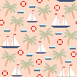 © InnaPoka - Seamless pattern with simple geometric sailboats on the abstract waves. Sailing ships, lifebuoys, palm trees on peachy-yellow background.