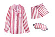 Pajamas sleeping outfit kit. Classic textile stripes, cherry color. Good morning, sleepy dress, stay in bed illustration. Hand drawn watercolour graphic drawing on white background, cut out clipart.