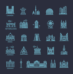 Wall Mural - Simple linear Vector icon set representing global tourist landmarks and travel destinations for vacations