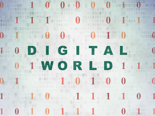 Information concept: Painted green text Digital World on Digital Data Paper background with Binary Code