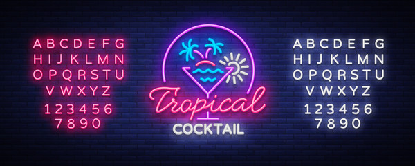 Wall Mural - Tropical Cocktail neon sign. Cocktail Logo, Neon Style, Light Banner, Night Bright Neon Advertising for Cocktail Bar, Party, Pub. Alcohol. Vector illustration. Editing text neon sign