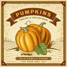 Retro Pumpkin Harvest Label With Landscape. Editable EPS10 Vector Illustration In Woodcut Style With Clipping Mask And Transparency.