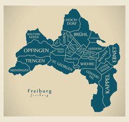 Sticker - Modern City Map - Freiburg city of Germany with boroughs and titles DE