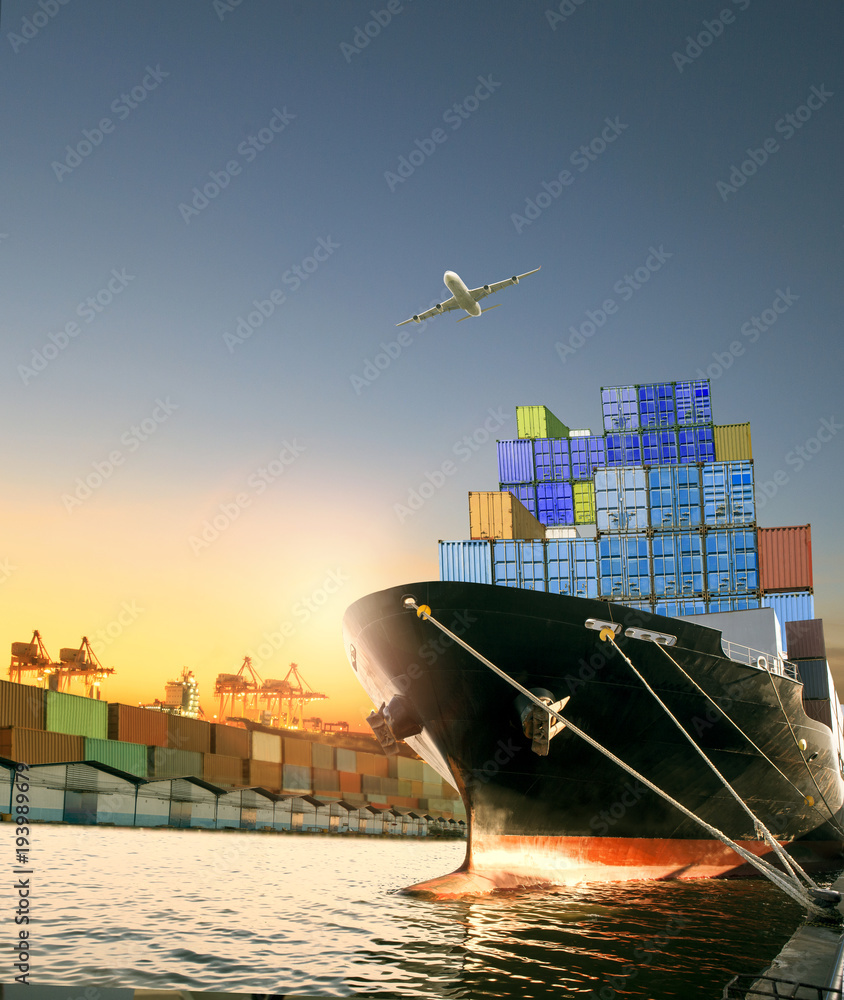 ship and container box and cargo plane flying over shipping dock use ...