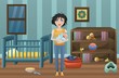 Postpartum depression illustration. Tired mother with dirty clothes with postnatal depression in a room with laundry and baby care items toys,food,crib Mood disordr problem. Vector design