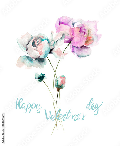 Colorful Peonies flowers with title Happy Valentine’s day