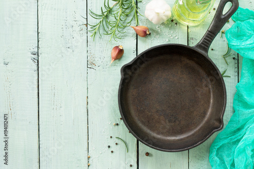 Culinary Background Cast Iron Frying Pan Fresh Rosemary Garlic