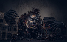 Make-up And Horror Concept. Abandoned City, Absorbed By Decompos