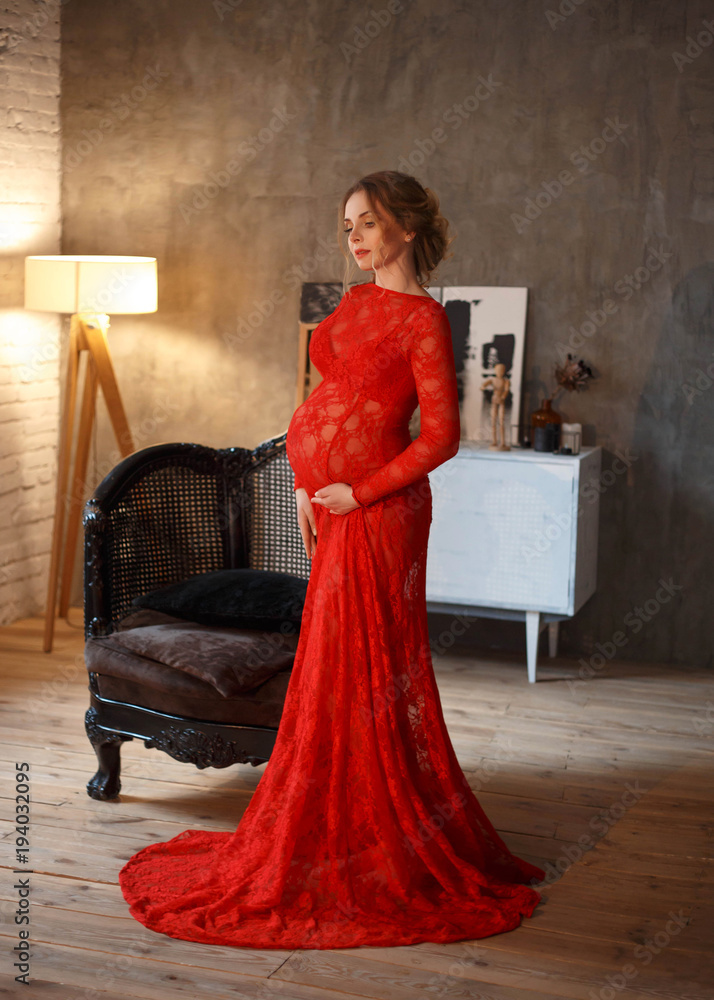 pregnant woman in red dress Sexy High Neck Cutout Long Sleeves Maternity Dress