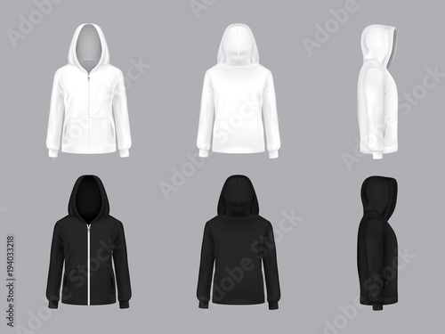 Fényképezés Vector realistic white and black hoodie with long sleeves and pockets, front, back, side view, casual unisex model, sportswear, sweatshirt with hood isolated on background