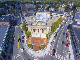 Framingham City Hall aerial view in downtown Framingham, Massachusetts, USA.