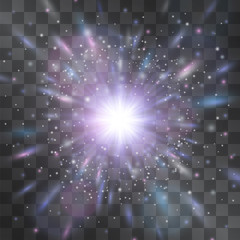 Star surrounded by hotspots vector cold light effect on transparent background. Multiple neon cold rainbow sun flares around illumination source. Magical projector design.