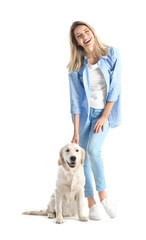 Canvas Print - Portrait of happy woman with her dog on white background