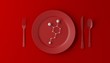 Serotonin on red plate with spoon, knife and fork on red background. 3d illustration.