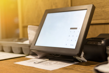 point of sale pos touchscreen terminal. tablet computer for waiter to make and send orders. white em
