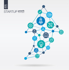 Development integrated thin line web icons. Growth, success in arrow up shape. Digital neural network concept. Connected polygons system. Rocket launch startup vector background for programm app code