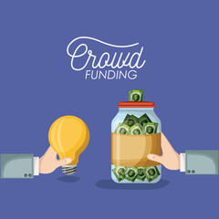 Sticker - crowd funding poster with hands holding light bulb and bottle with money bills savings in background purple color vector illustration