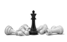 3d Rendering Of A Single Black Chess King Stands Among Many Fallen White Chess Pieces.