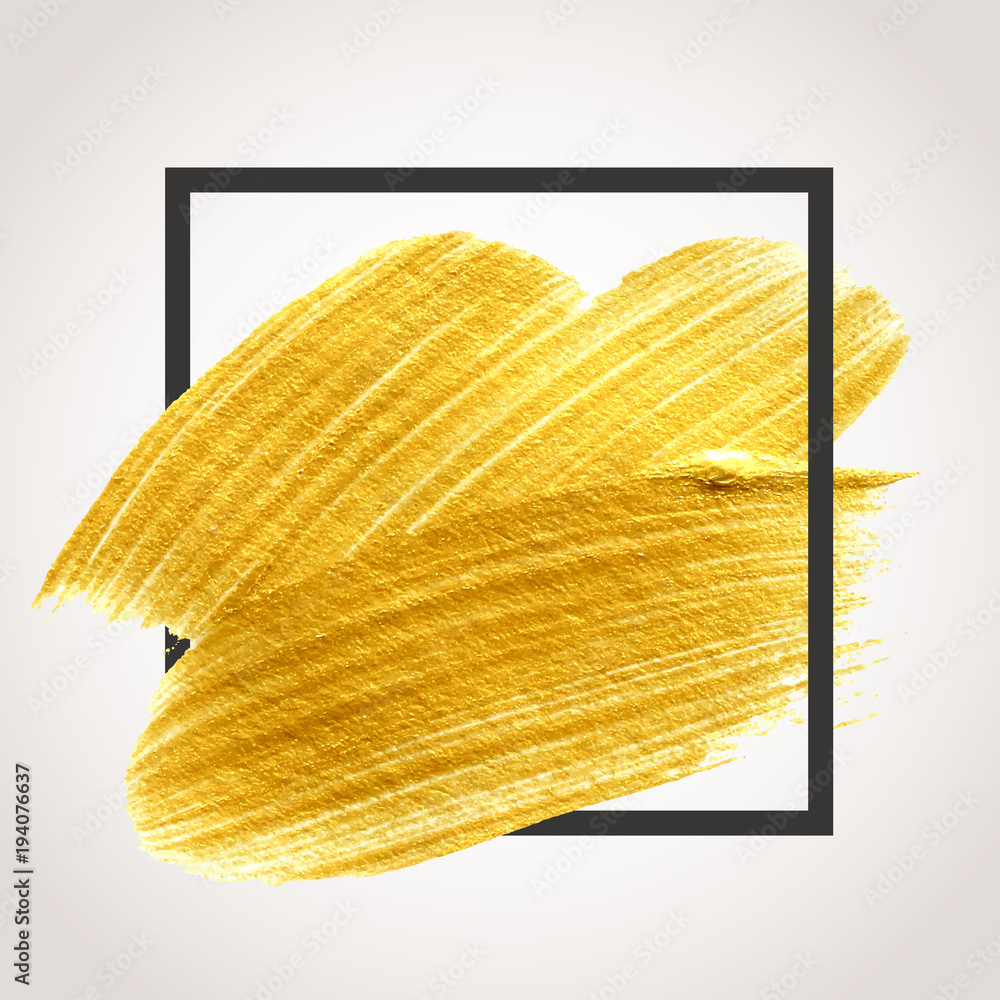 Gold hand drawn paint brush stroke with black frame. Abstract vector ...