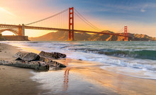 Sunset At The Beach By The Golden Gate Bridge In San Francisco California