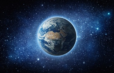 Wall Mural - panoramic view of the earth, sun, star and galaxy. sunrise over planet earth, view from space. eleme