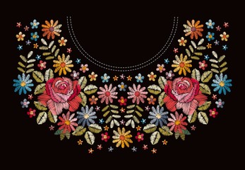 Wall Mural - Embroidery floral neckline pattern. Beautiful colorful flowers. Fashion design.