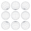 Set of 3d spheres globe earth grid from different sides. Horizontal and vertical lines, latitude and longitude. Neural information concept. Vector globe